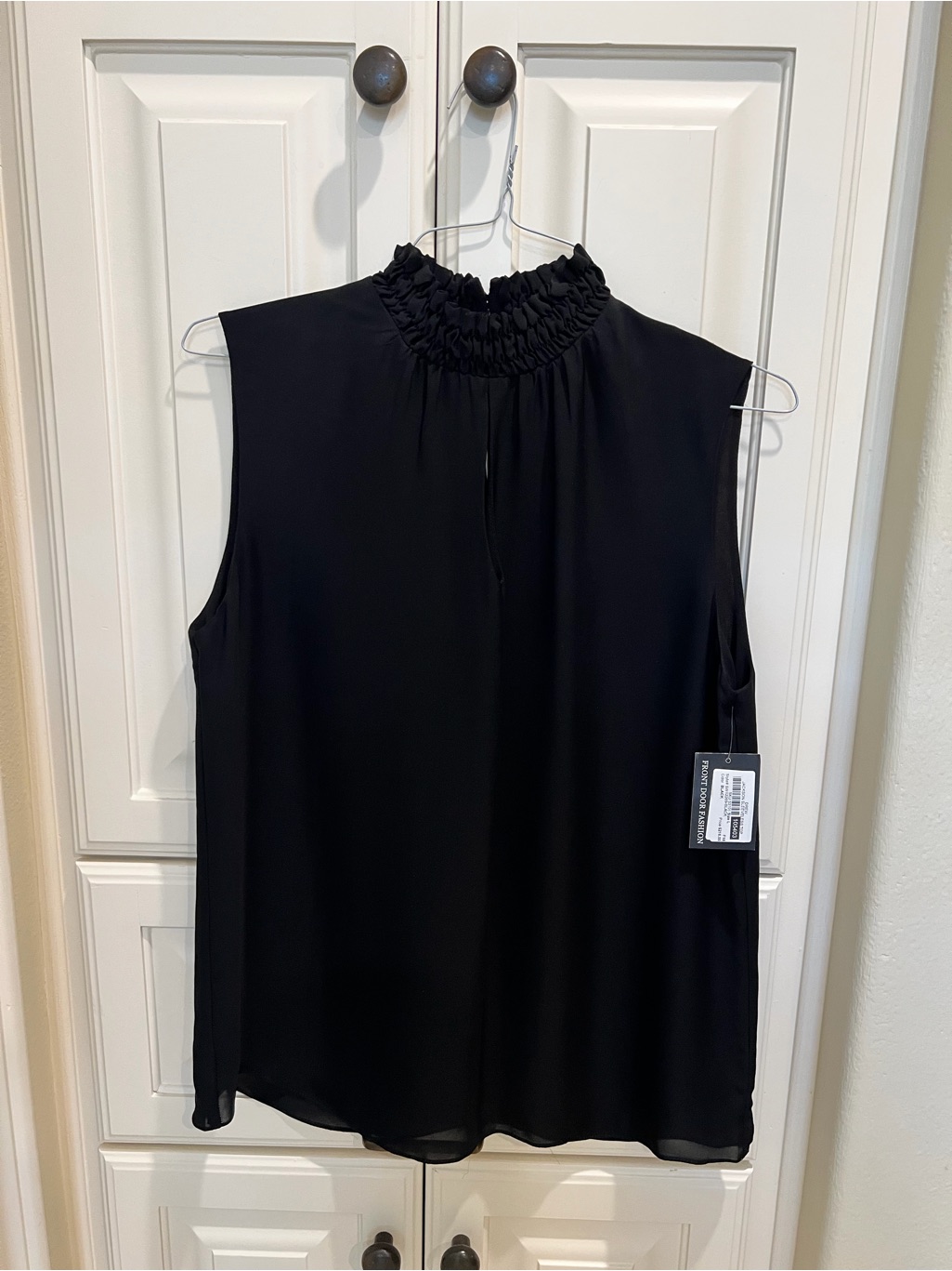 Drew Jackson Sleeveless Black Ruffle-Neck 100% Silk Women's Top
